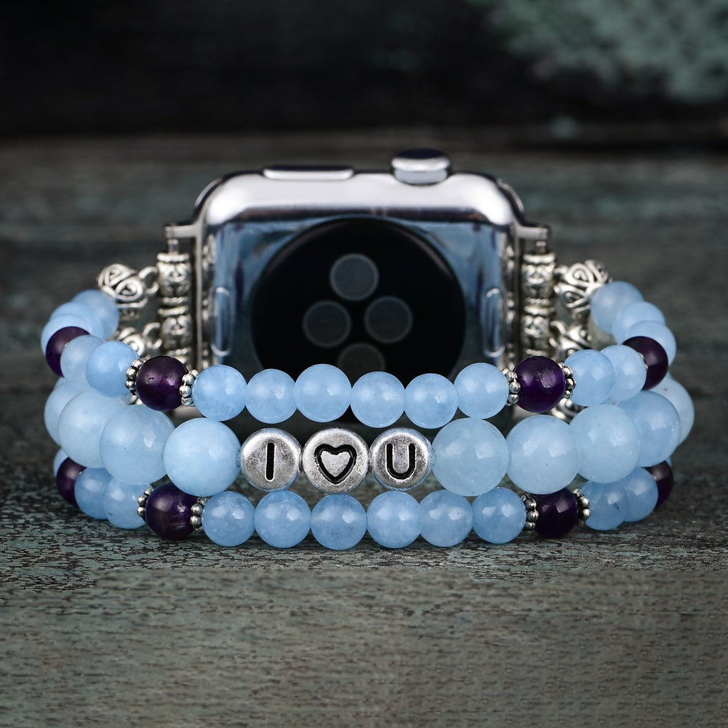 Apple Watch Band Aquamarine Tibetan Silver and Stainless Steel Beaded (LSJLM-025)