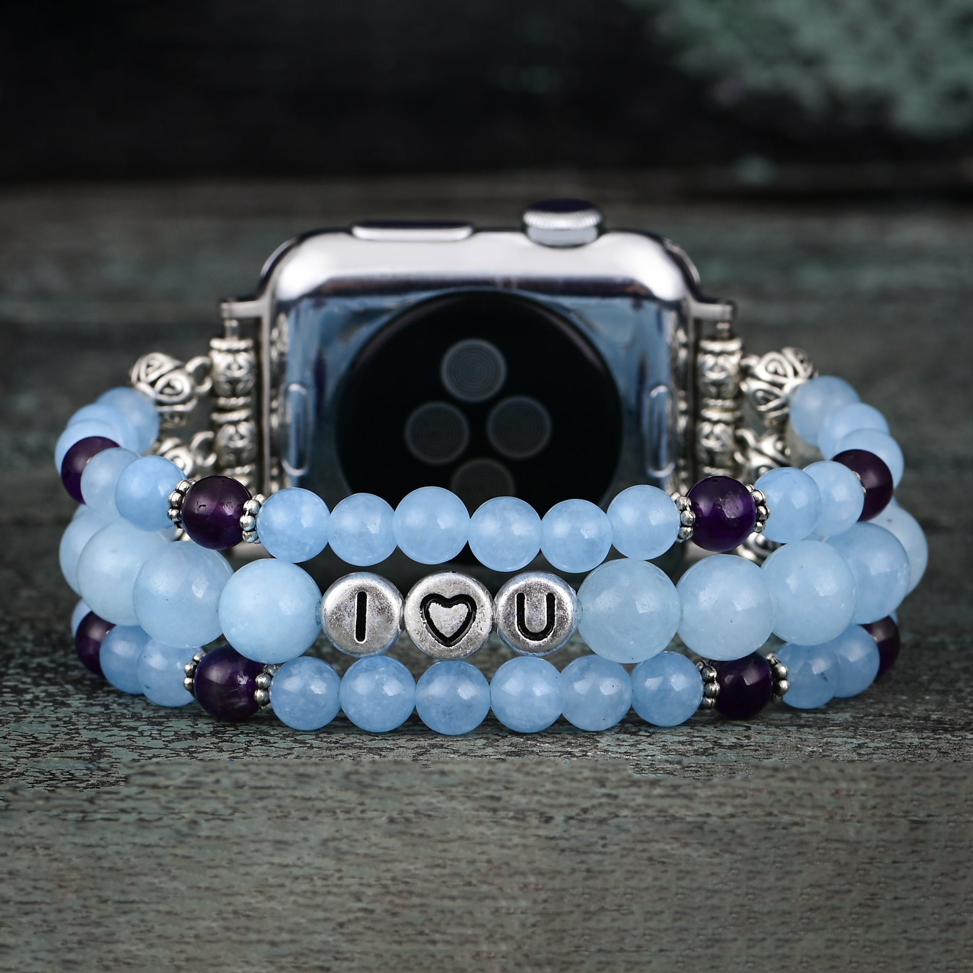 Apple Watch Band Aquamarine Tibetan Silver and Stainless Steel Beaded (LSJLM-025)