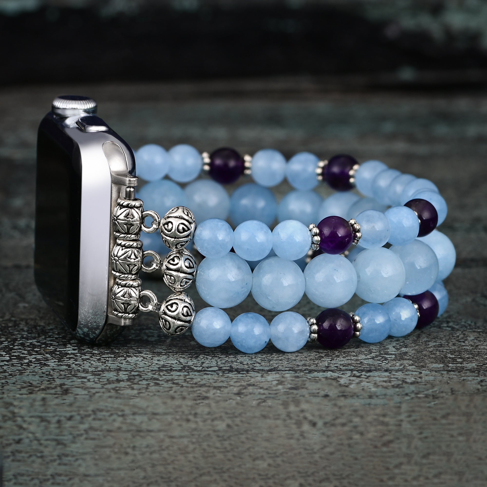 Apple Watch Band Aquamarine Tibetan Silver and Stainless Steel Beaded (LSJLM-025)
